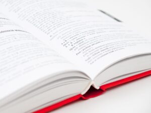An open book with a red cover showing pages filled with text, symbolizing knowledge and education.